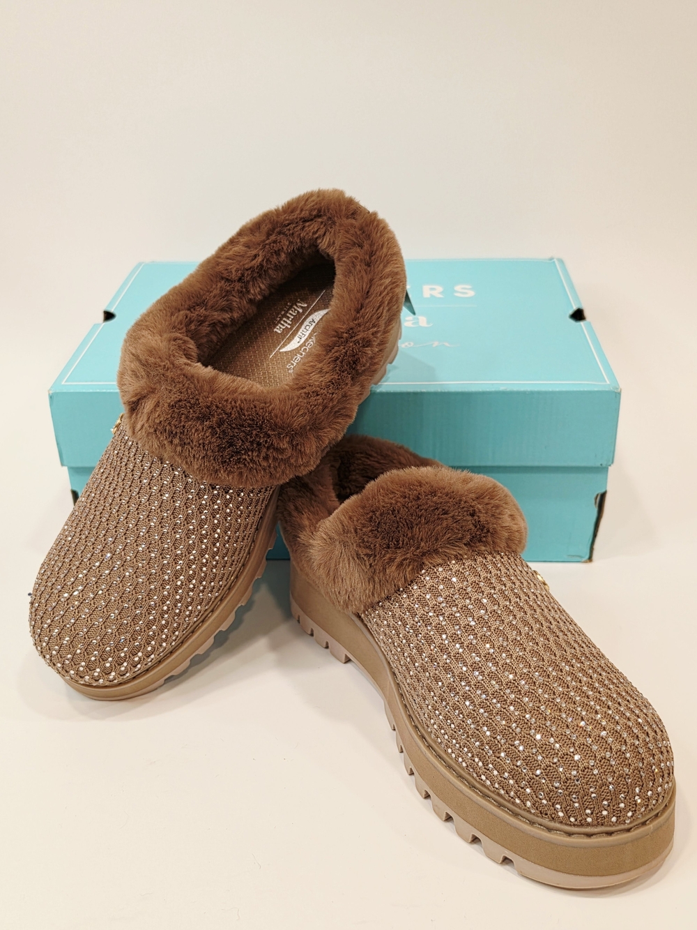 BOBS from Skechers Arch Fit Keepsakes Taupe  Knit Faux-Fur Slip-On Clogs